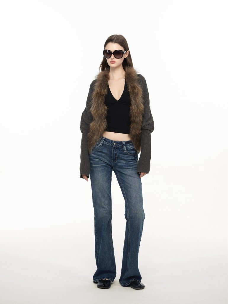 Women's Oversized Knit Cardigan with Genuine Racoon Fur Collar