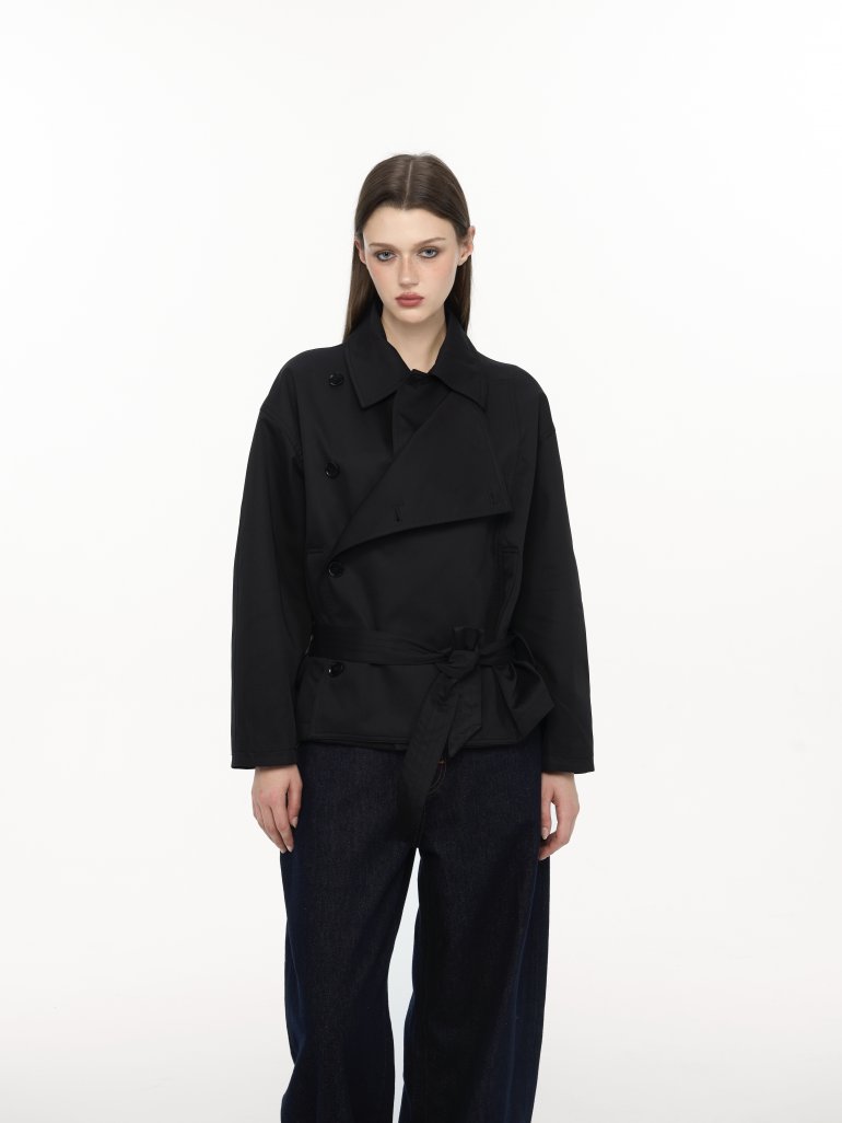 Women's Short Trench Coat, Double-Breasted Black Jacket with Belted Waist and Stand Collar