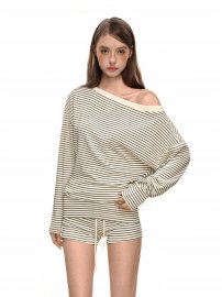 Striped Off-Shoulder Top Set Women's Autumn Casual Sweatshirt With Drawstring Shorts Two-Piece Set