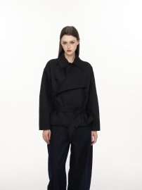 Women's Short Trench Coat, Double-Breasted Black Jacket with Belted Waist and Stand Collar