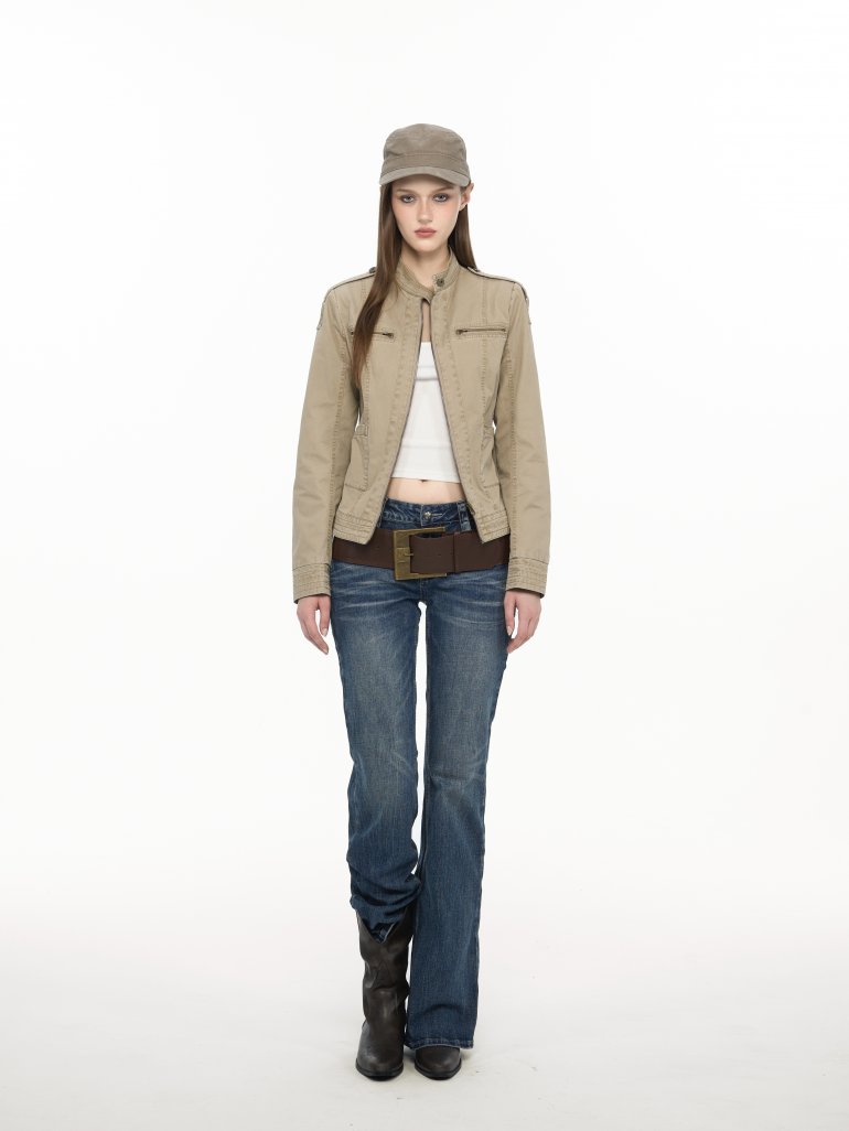 Women's Cropped Denim Jacket, Utility Style with Long Sleeves